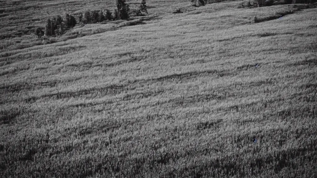 Prompt: a field in a middle of a forest. monochromatic purple filter.