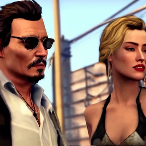 Prompt: gameplay footage of Johnny Depp and amber Heard in GTA V