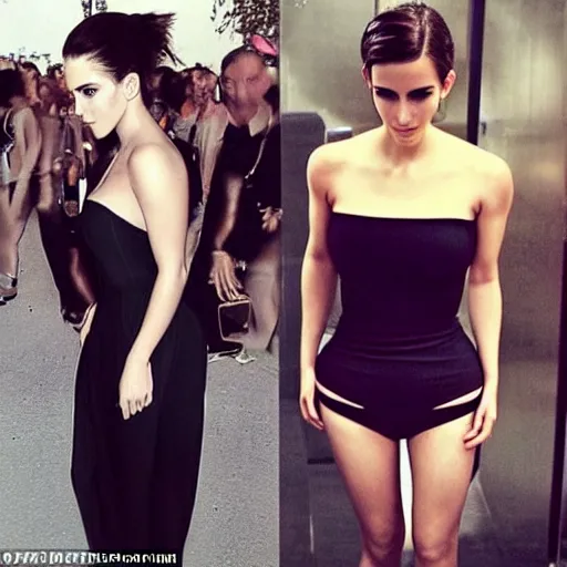 Image similar to a woman who is a genetic combination of kim kardashian and emma watson face and upper - body focus