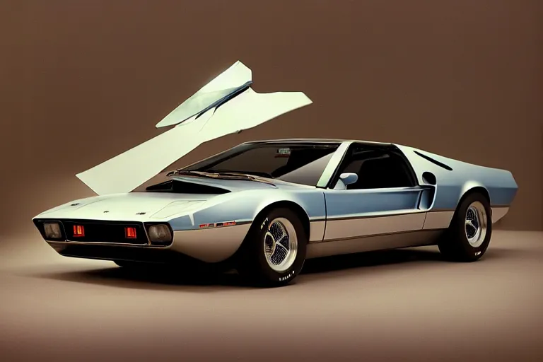 Image similar to designed by john delorean stylized poser of a single 1 9 6 9 fastback mustang ( mk 2 ford gt 4 0 ) delorean, large led lights, ektachrome photograph, volumetric lighting, f 8 aperture, cinematic eastman 5 3 8 4 film