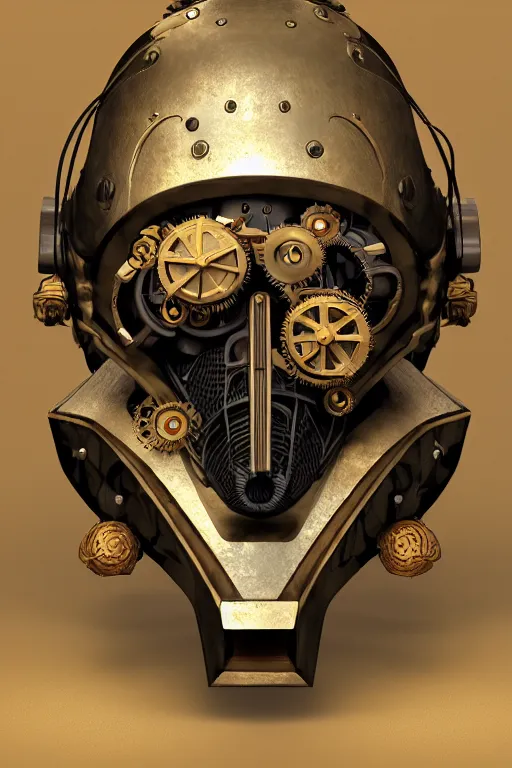 Image similar to steampunk mask minimalist fantasy art robot ninja helmet, global illumination ray tracing hdr fanart arstation by sung choi and eric pfeiffer and gabriel garza and casper konefal radiating a glowing aura