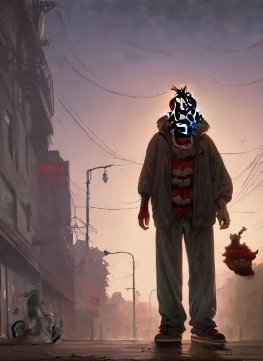 Image similar to Highly detailed full-body portrait of homeless Pennywise, in GTA V, Stephen Bliss, unreal engine, fantasy art by Greg Rutkowski, Loish, Rhads, Makoto Shinkai and Lois van baarle, ilya kuvshinov, rossdraws, Tom Bagshaw, global illumination, radiant light, detailed and intricate environment