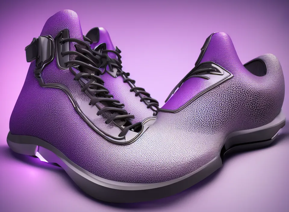 Image similar to realistic 3 d render of a futuristic sneaker, beautiful studio lighting, soft, sharp focus, neon glowing lines, intricate detail, purple and silver leather, soft white rubber, shiny plastic, black hexagon mesh, black filigree, octane render, side view, close up, trending on artstation, deviantart, nike, reebok, salomon