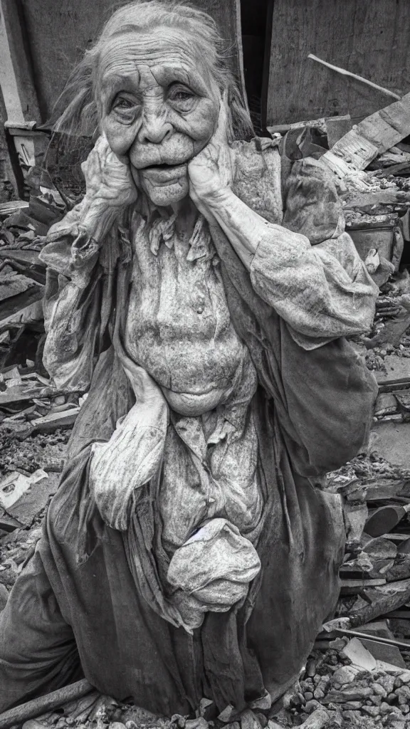 Image similar to realistic black and white old photo of a giant very old woman on destroyed city, short dof, extremely cute, large head, hyper realistic, minutely detailed