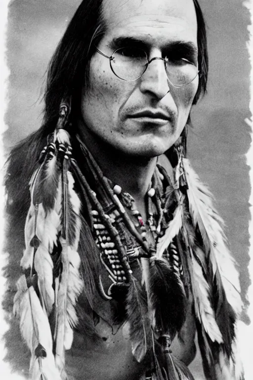Prompt: Photo of Native American indian man Steve Jobs, portrait, skilled warrior of the Apache, ancient, realistic, detailed, Emma Watson