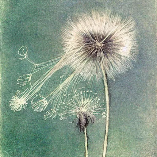 Image similar to a beautiful fairytale painting of a dandelion seed that is also a fluffy fairy. the dandelion seed is the body of the fairy. beautiful clear painting by arthur rackham