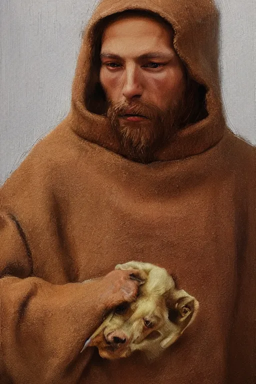 Prompt: Slavic dog head man, woolen torso in medieval clothes, characteristic of cynocephaly, oil painting, hyperrealism, beautiful, high resolution, trending on artstation,