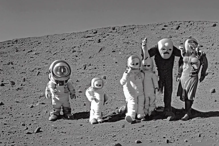 Image similar to family photo of alien family on mars, photo, 1 9 6 0 s