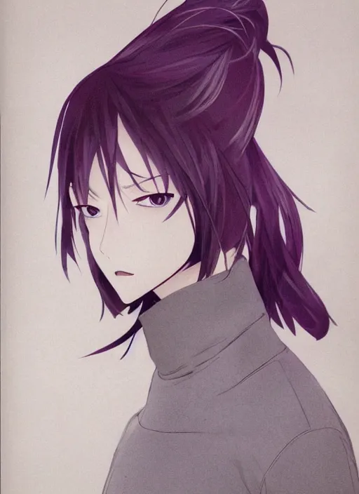 Prompt: illustration by shigenori soejima, by tatsuki fujimoto, by yoji shinakawa, girl, middle - parted long straight light purple hair, grey turtleneck coat, forest background, focus on face, pretty, moody lighting, painterly