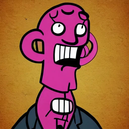 Image similar to handsome squidward, courage the cowardly dog style, strong chin, portrait