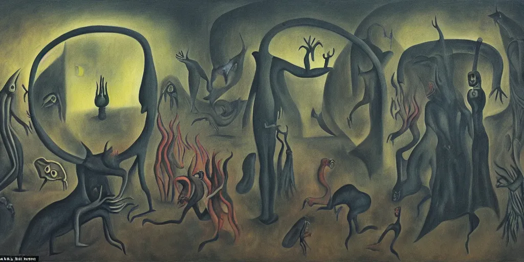 Prompt: trapped on a hedonic treadmill, dark uncanny surreal painting by leonora carrington, dramatic lighting from fire glow, mouth of hell, ixions wheel