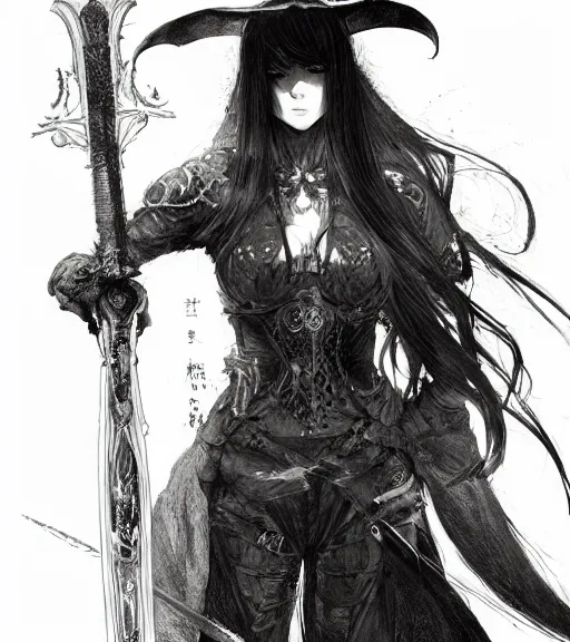 Prompt: portrait of anime succubus with long hair wearing a witch hat while holding a magic sword, perfect fit and strong body, pen and ink, intricate line drawings, by craig mullins, ruan jia, kentaro miura, greg rutkowski, loundraw, yoshitaka amano