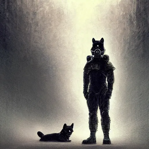 Image similar to power armor gasmask black armor, anthropomorphic shiba inu, shiba inu face, stuning 3 d render, masterpiece, glowing black aura, foggy dark graveyard, by donato giancola and greg rutkowski and wayne barlow and zdzisław beksinski, realistic face