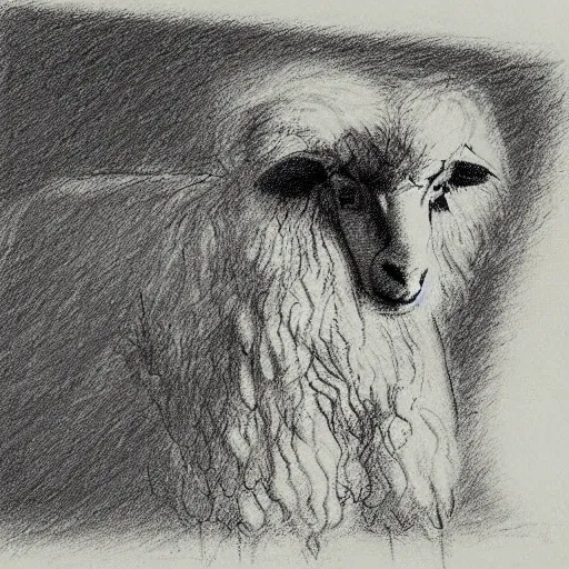 Prompt: perfect sketch of electric sheep scheme, umbra, pastel, by Rembrandt, by Da Vinci