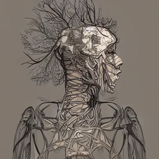 Image similar to beatifull frontal face portrait of a woman, 150 mm, anatomical, flesh, flowers, mandelbrot fractal, facial muscles, veins, arteries, symmetric, intricate