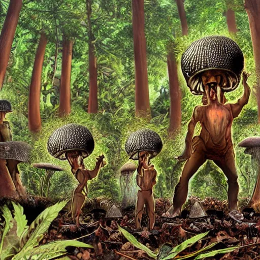 Image similar to Aliens from a UFO harvesting mushrooms from Earth with Joe Rogan watching with binoculars from the trees, realistic