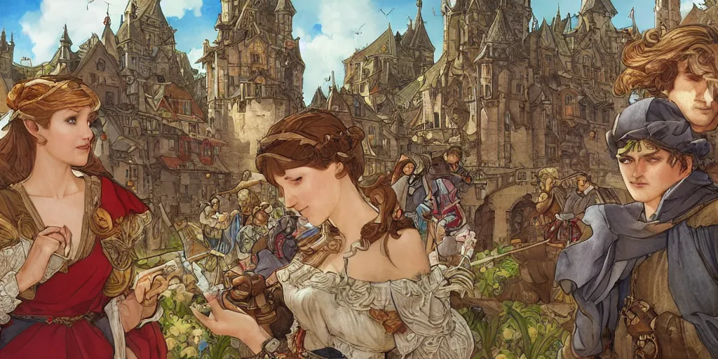 Prompt: medieval village overview in moving out game on nintendo switch. artwork by artgerm and mucha and norman lindsay