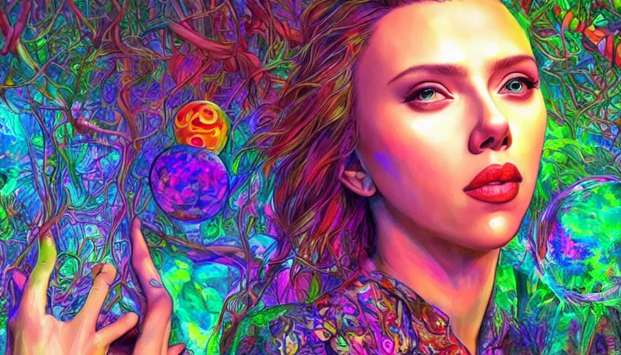 Image similar to scarlett johansson in psychodelic dmt lsd forest looking at a shiny sphere, photorealistic, artgerm, artwork by Rossier, Jessica