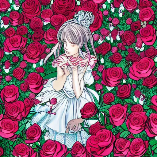 Prompt: Alice in Wonderland at the tea party, surrounded by red and white roses, digital illustration, inspired by Aeon Flux and Japanese shoujo manga, hyper detailed, phantasmagoric, super photorealistic, muted and pastel shades, extremely fine inking lines