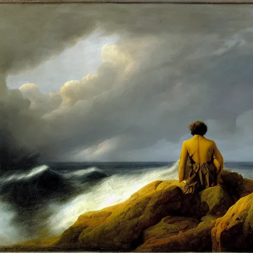 Prompt: man looking out over a stormy ocean, romanticism, by Caspar Friedrich