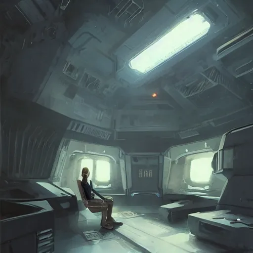 Image similar to concept art by greg rutkowski, a very tall, and slender blonde woman, wearing blue utilitarian jumpsuit, sitting in the spaceship command bridge, brutalist futuristic interior, dark lighting atmosphere, detailed portraits, nostalgic atmosphere, scifi, digital painting, artstation, concept art, smooth, sharp foccus ilustration, artstation hq