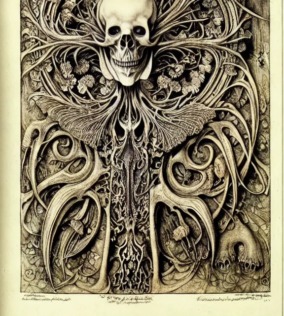 Image similar to memento mori by arthur rackham, art forms of nature by ernst haeckel, exquisitely detailed, art nouveau, gothic, ornately carved beautiful skull dominant, intricately carved antique bone, art nouveau botanicals, ornamental bone carvings, art forms of nature by ernst haeckel, horizontal symmetry, arthur rackham, ernst haeckel, symbolist, visionary