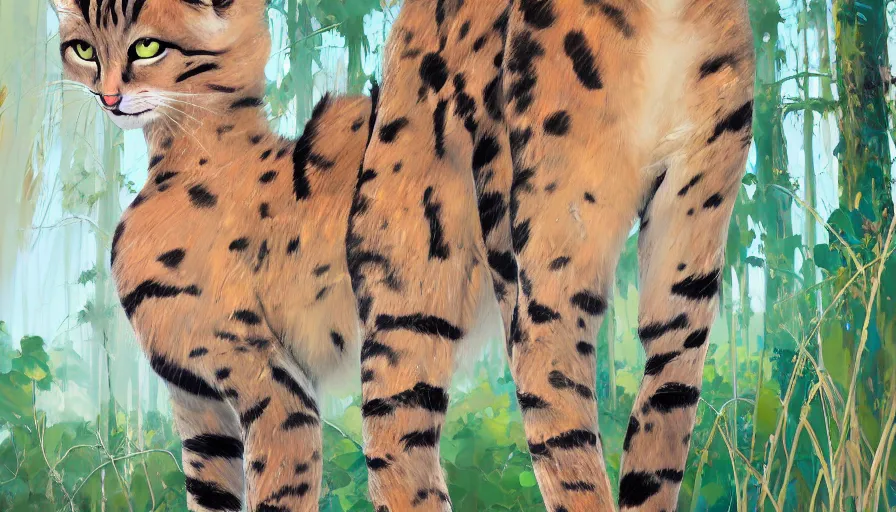 Image similar to highly detailed contemporary acrylic painting of really tall sitting cats by greg tocchini, thick brush strokes and visible paint layers, dense overgrown forest background, vivid pastel color scheme