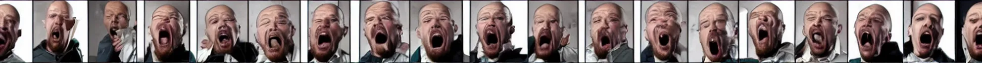 Image similar to 8 consistent frames from a video showing walter white yelling and pointing at a tv