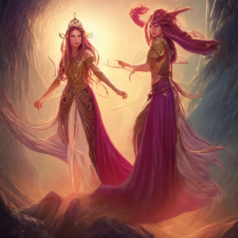 Image similar to beautiful cinematic fantasy poster, a beautiful middle-eastern princess wearing a beautiful dress with flowing illuminated hair, beautiful glowing galaxy eyes, wideshot ultrawide angle epic scale, hybrid from The Elden Ring and art direction by Darius Zawadzki ;by artgerm; wayne reynolds art station; cinematic quality character render; low angle; ultra high quality model; production quality cinema model;