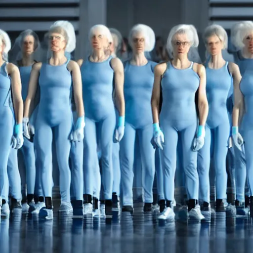 Image similar to troop of identical athletic female clones in formation, white hair, tight light blue neopren suits, in rows, futuristic chemistry lab, sci - fi, highly detailed, cinematic