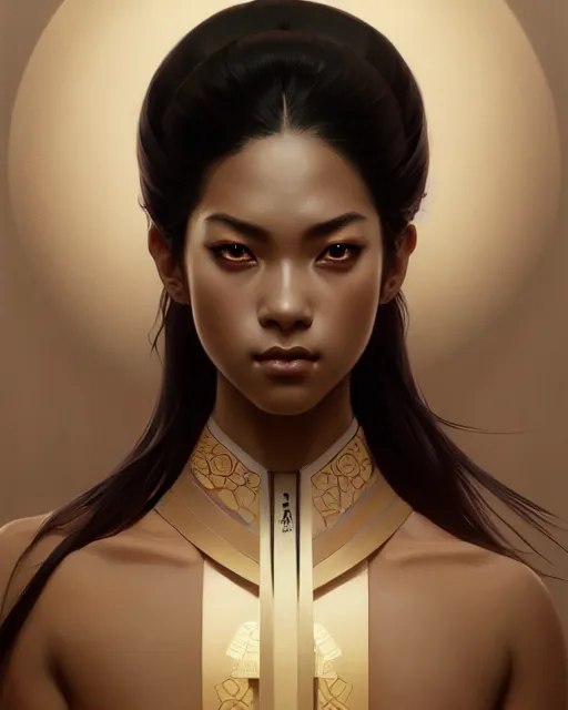 Prompt: symmetry, samurai, lines, brown skin, machine face, intricate, elegant, highly detailed, digital painting, artstation, cgsociety, concept art, smooth, sharp focus, illustration, art by artgerm and greg rutkowski and alphonse mucha, 8 k