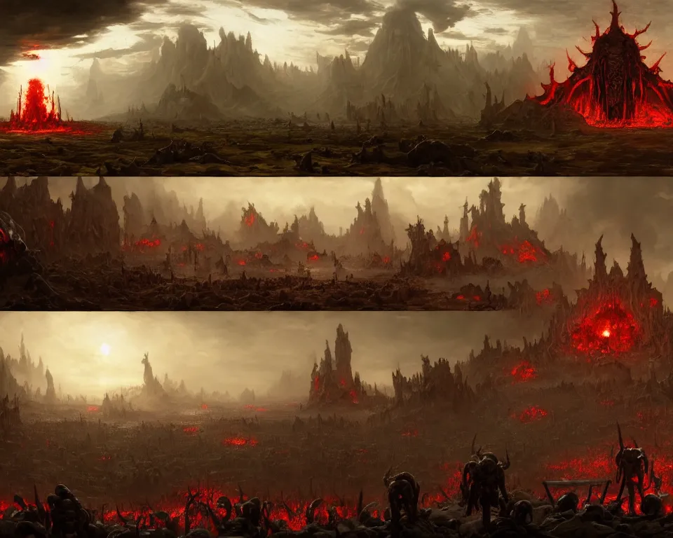 Image similar to doom eternal concept art by jakub rozalski, garden of eternal delights hell by hieronymus bosh, triumph of death by pieter brueghel, doom eternal by hieronymus bosh, sharp focus panorama