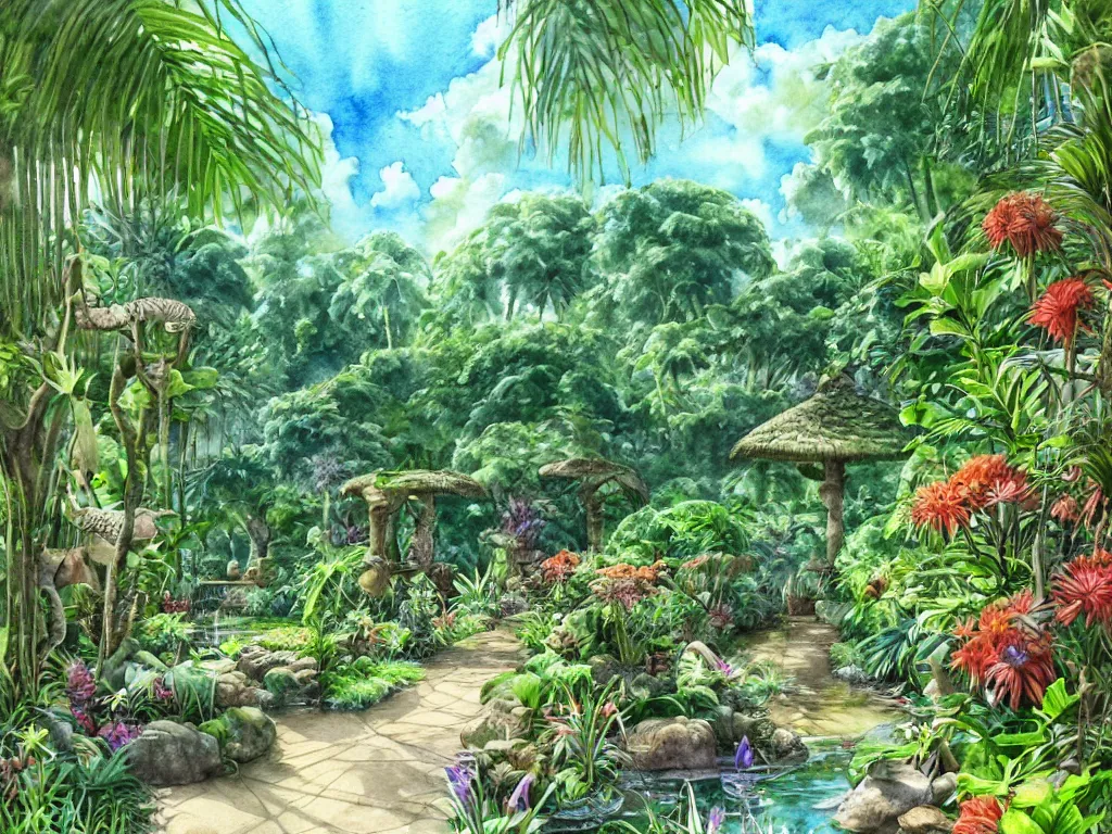 Prompt: jungle park landscape scene, serene, peaceful, paths, water on one side, exotic flowers, stone statues, beautiful clouds, plantlife, dappled sunlight, rolling expanse, by james gurney, beth sobel, cell shaded illustration, watercolor, realistic, enchanting, inviting