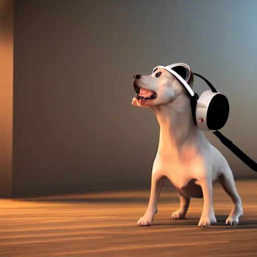 Image similar to ultra realistic 3 d render of a dog wearing a vr headset, octane, unreal engine