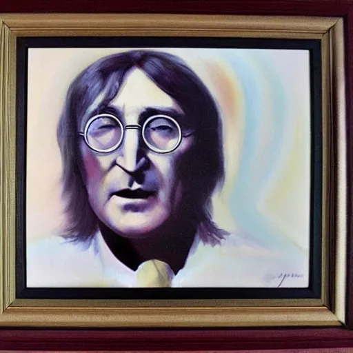 Prompt: 80 year old John Lennon, oil painting, dramatic lighting, framed,