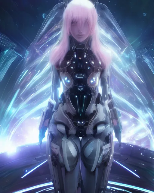 Image similar to photo of a android girl on a mothership, warframe armor, beautiful face, scifi, nebula, futuristic background, galaxy, raytracing, masterpiece, ethereal, beauty, long white hair, blue cyborg eyes, anime, flow, 8 k high definition, insanely detailed, intricate, innocent, art by akihiko yoshida, antilous chao, woo kim