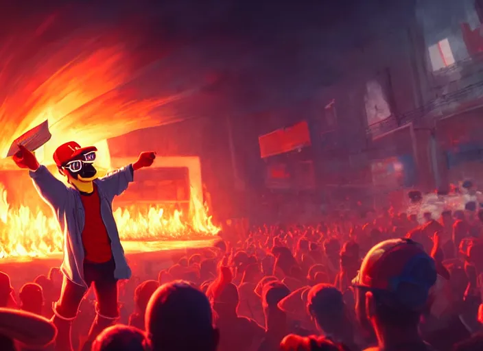 Prompt: character art by ruan jia, a man looking like homer simpson wearing wayfarer glasses and red baseball hat at a music concert, on fire, fire powers, room filled with computer equipment