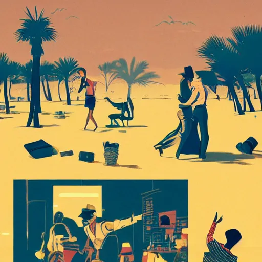 Image similar to a colorfully detailed comic noir illustration of tango dancers in a desert beach oasis by Sachin Teng, dark vibes, high contrast, pastel lighting, cinematic, depth of field, 8k