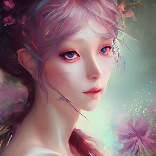 Prompt: Stunning Anime Goddess of the floral river flowers, misty, by cgsociety, in the style of Charlie Bowater, Tom Bagshaw, intricate, beautiful, artstation 8k, high resolution