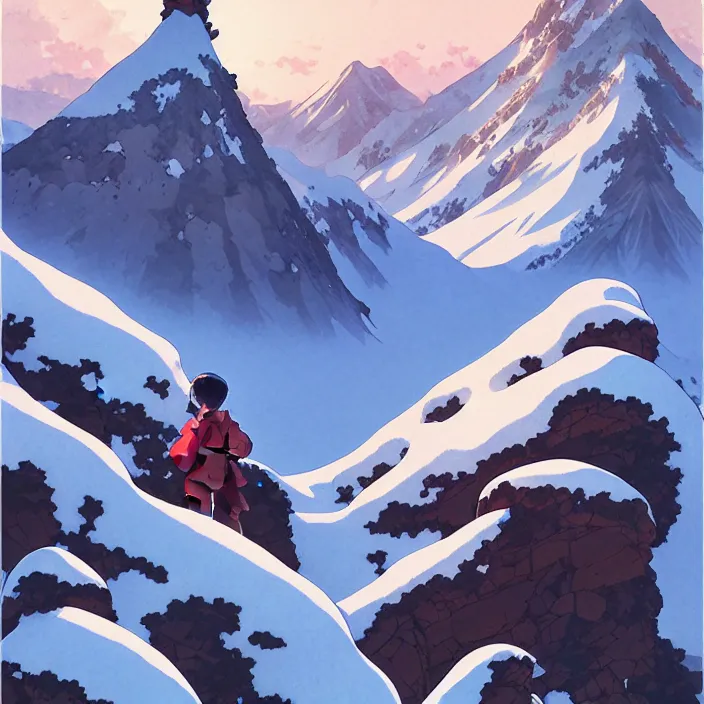 Prompt: japanese mountains, winter, in the style of studio ghibli, j. c. leyendecker, greg rutkowski, artem