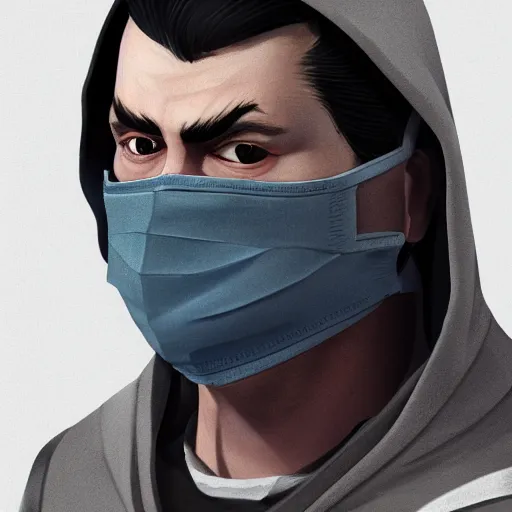 Image similar to a highly detailed, portrait of a man with black hair with a black medical mask, in a hood in the form of a blue shark with white teeth, artstation, DeviantArt, professional, octane render, digital art