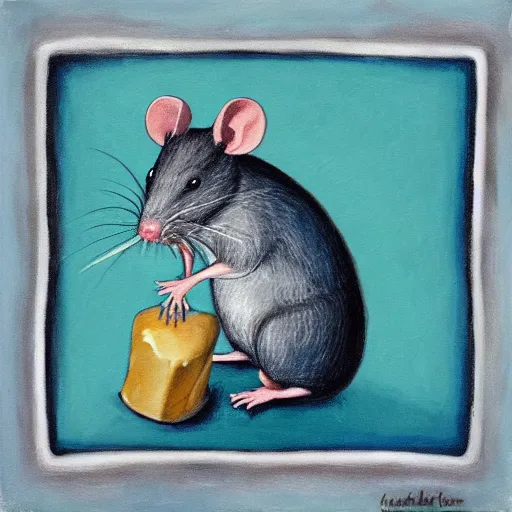 Image similar to rat eating blue cheese painting