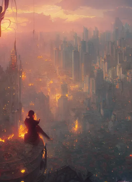 Image similar to manila philippines burning, stephen bliss, unreal engine, fantasy art by greg rutkowski, loish, rhads, ferdinand knab, makoto shinkai and lois van baarle, ilya kuvshinov, rossdraws, tom bagshaw, alphonse mucha, global illumination, radiant light, detailed and intricate environment