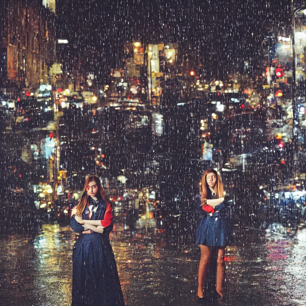 Image similar to night flash portrait photography of a high school girl in uniform on the lower east side by annie leibovitz, colorful, nighttime!, raining!