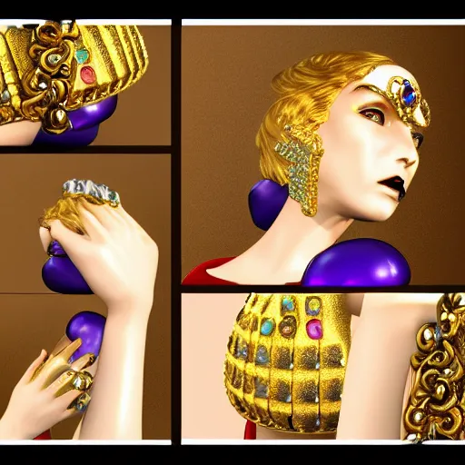 Image similar to complex golden ring with cameo and gems on the female model hand with bust with a cyberpunk style, 8k, details
