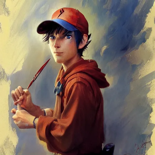 Prompt: ash ketchum by brandon sanderson, character design, painting by gaston bussiere, craig mullins, j. c. leyendecker, wotjek fus