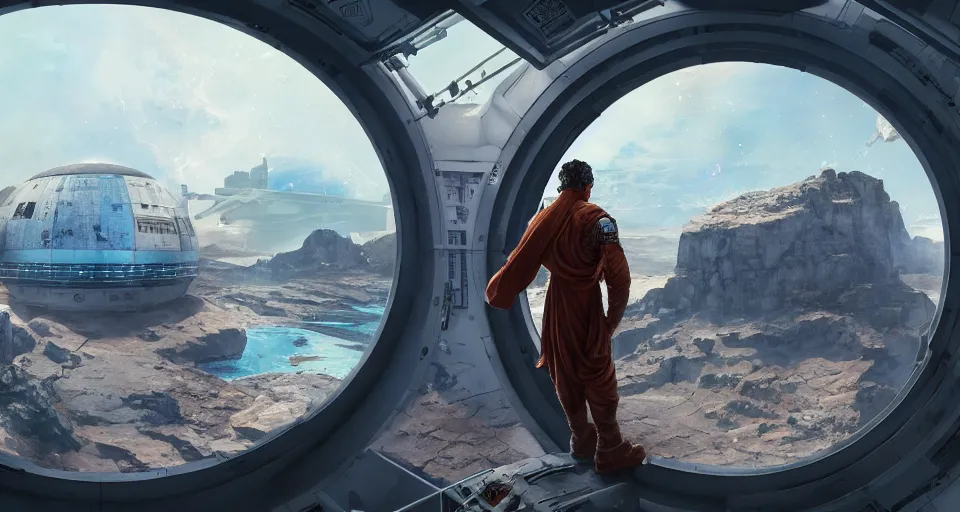 Image similar to roman caesar standing on the bridge of a space station looks out the window at a burning planet, realistic rendering, unreal engine, 4k, hdr, high dynamic range, f12, michael whelan, simon stalenhag, high tech, star wars cavern interior