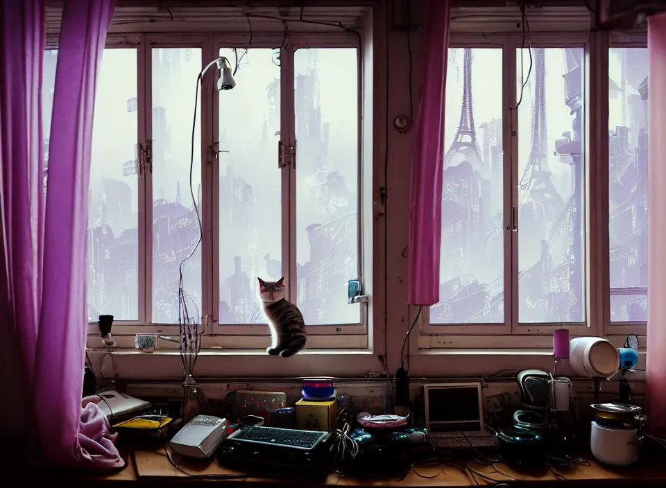 Prompt: telephoto 7 0 mm f / 2. 8 iso 2 0 0 photograph depicting the feeling of chrysalism in a cosy cluttered french sci - fi ( art nouveau ) cyberpunk apartment in a pastel dreamstate art cinema style. ( cat, computer screens, window ( city view ), sink, lamp ( ( ( fish tank ) ) ) ), ambient light.