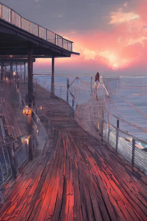 Image similar to marmalade sky with [ metal ] boardwalk along the ocean, trending on artstation, cgsociety, polycount, illustrated by greg rutkowski, intricate, detailed