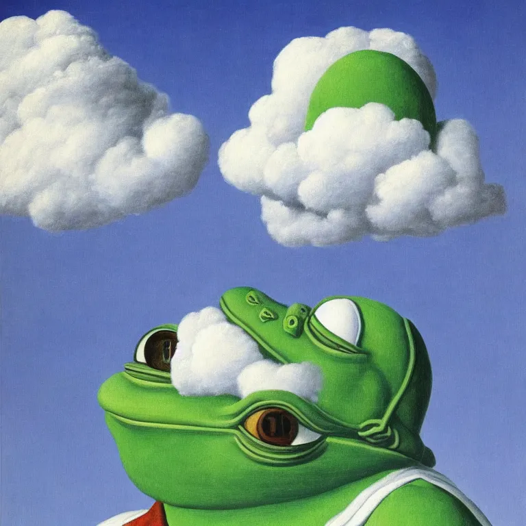 Image similar to cloud - man but pepe the frog, by rene magritte, centered, detailed painting, hd, hq, high resolution, high detail, 4 k, 8 k